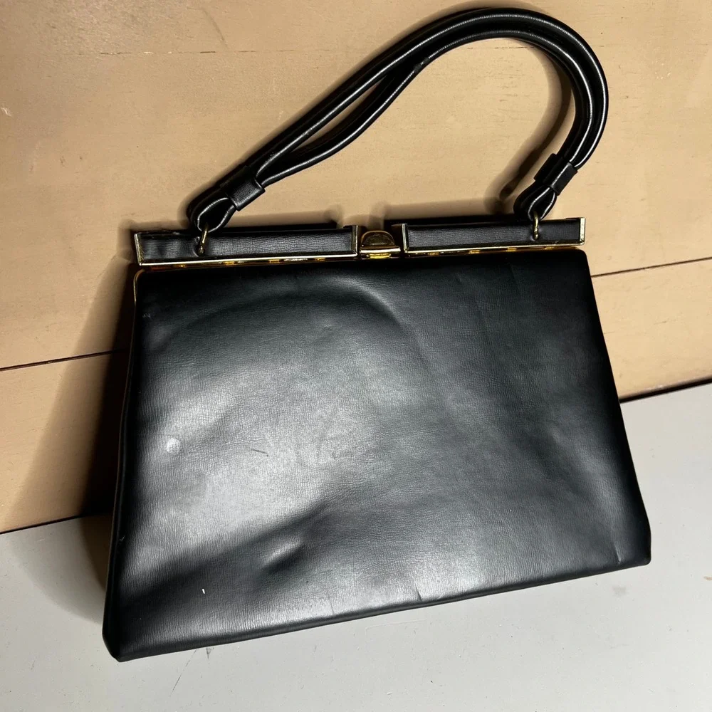 Vintage Dover Black Faux Leather Handbag Gold Tone Frame Kiss Lock Top Bag